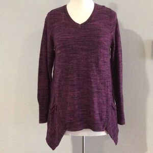 LOGO Lori Goldstein Heathered Purple L/S Shark Bite Hem Pockets Sweater M